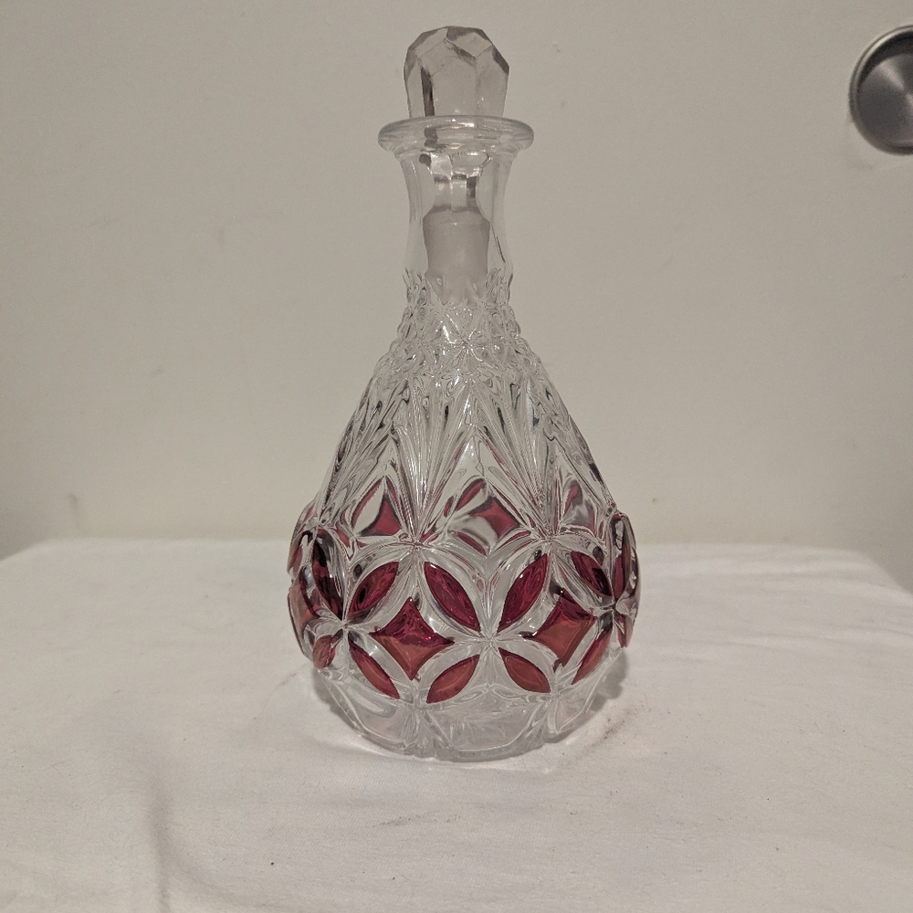 Vintage MCM Art Deco Crystal Decanter Red Accent Cranberry & Clear 8" In